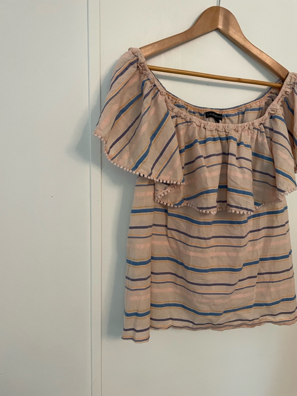 Lane Bryant Beige Off-Shoulder Striped Ruffle Top Size 14/16 lightweight Boho - Picture 4 of 10